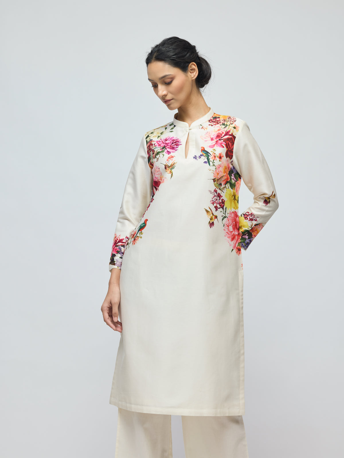 Floral Printed Chanderi Tunic Set With Voile Pant