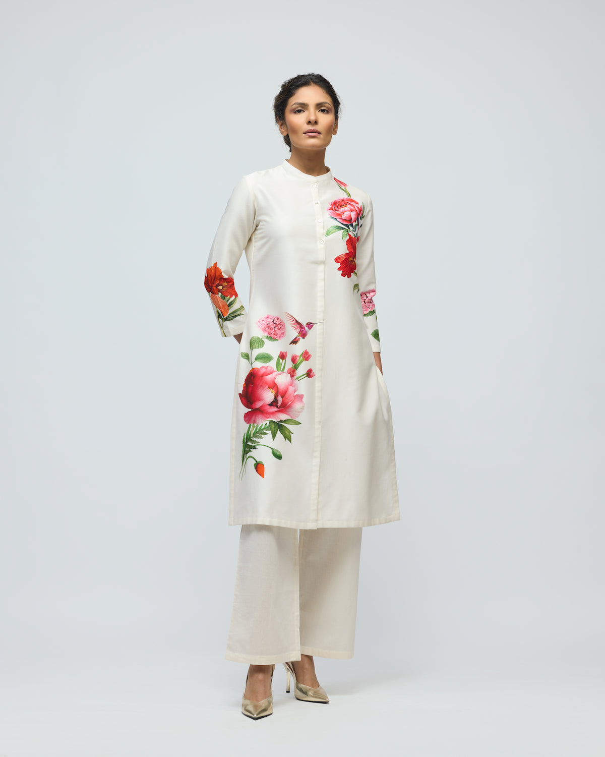 Floral Printed Chanderi Tunic Set With Voile Pant