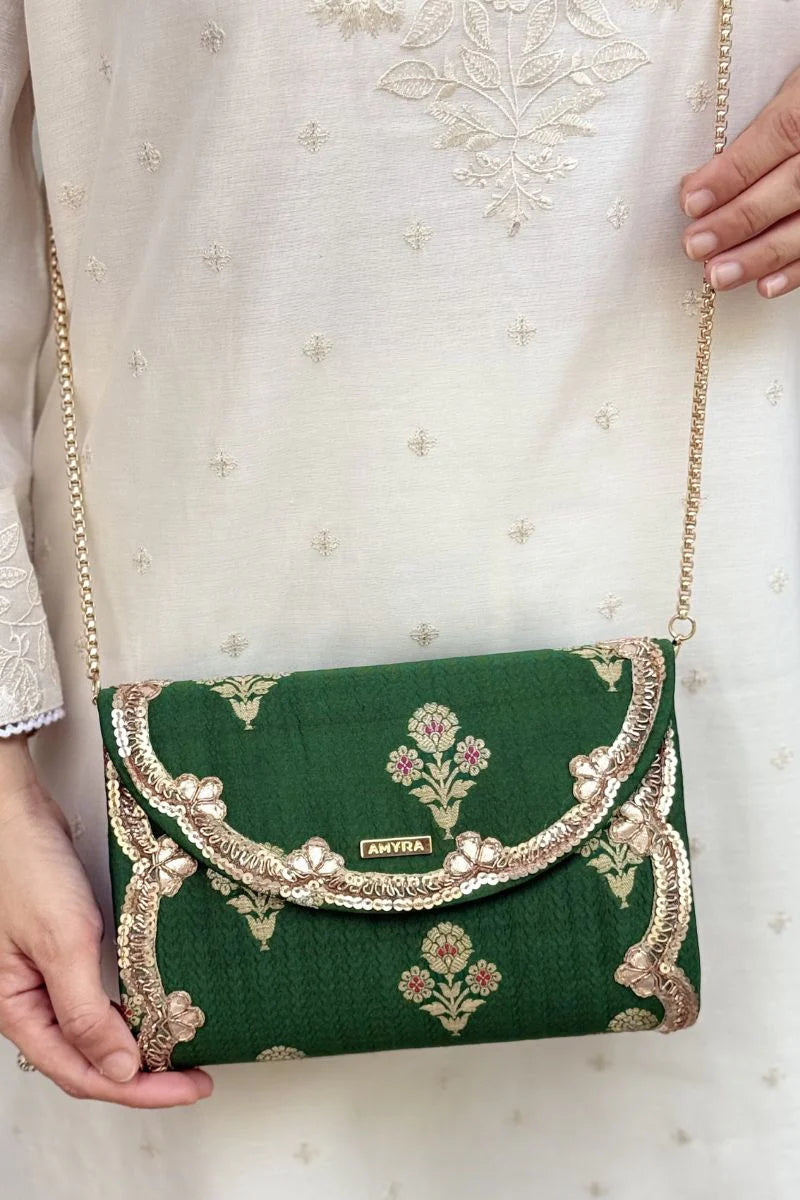Bahaar Pure Silk Flapover Clutch - Green