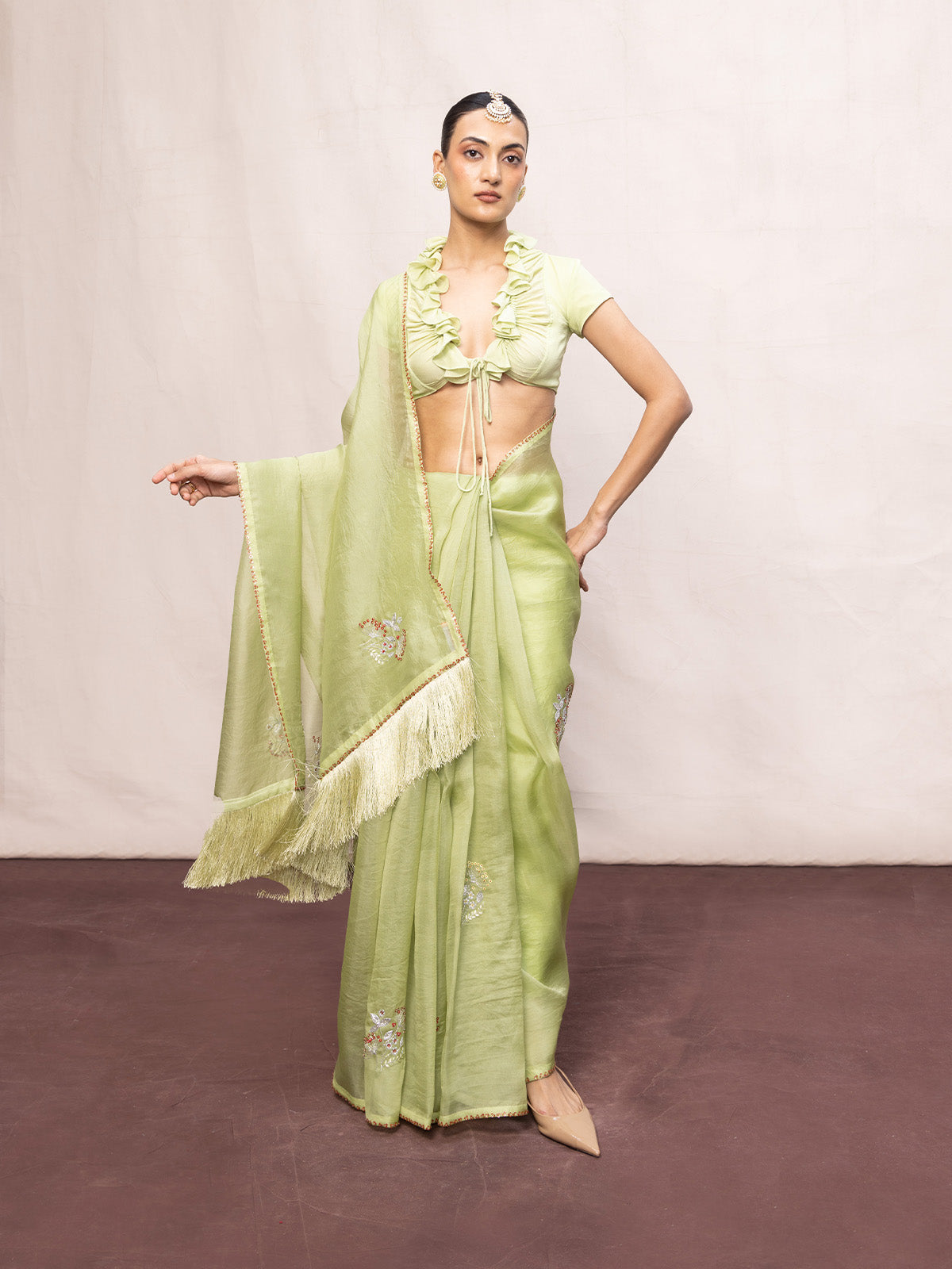 Handwoven Pistachio Green Kora Banarasi Saree