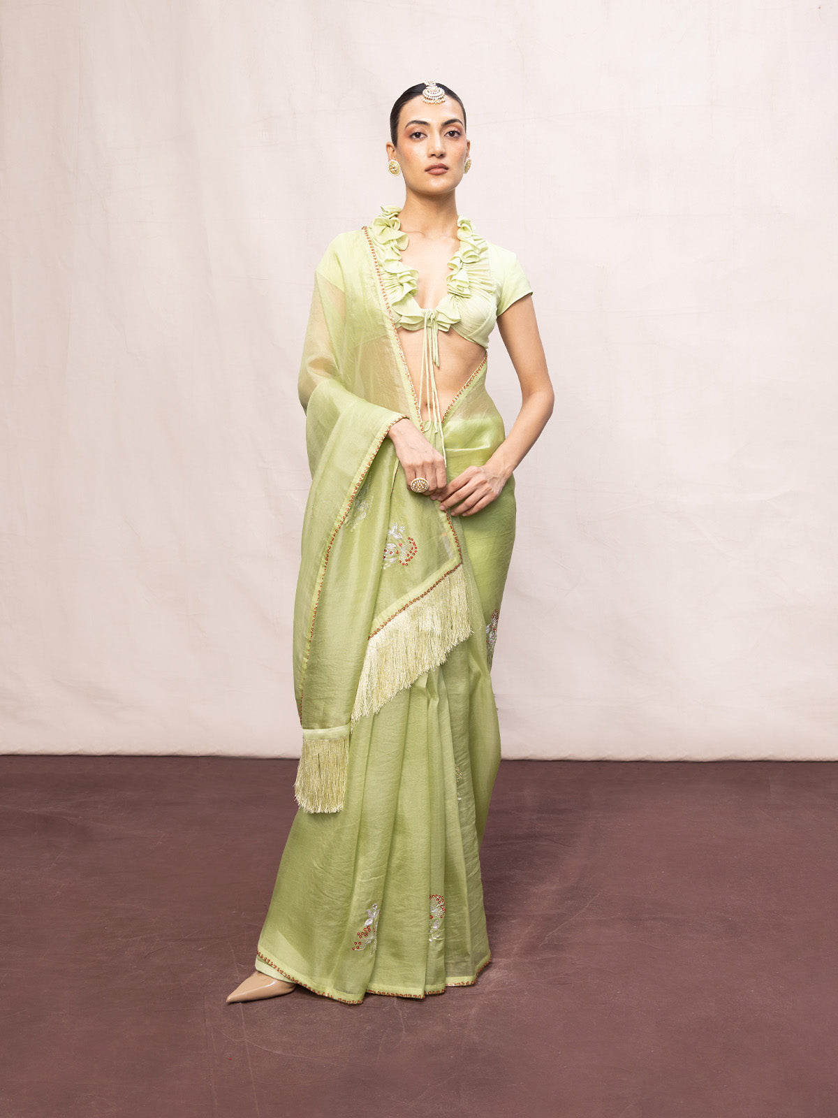 Handwoven Pistachio Green Kora Banarasi Saree