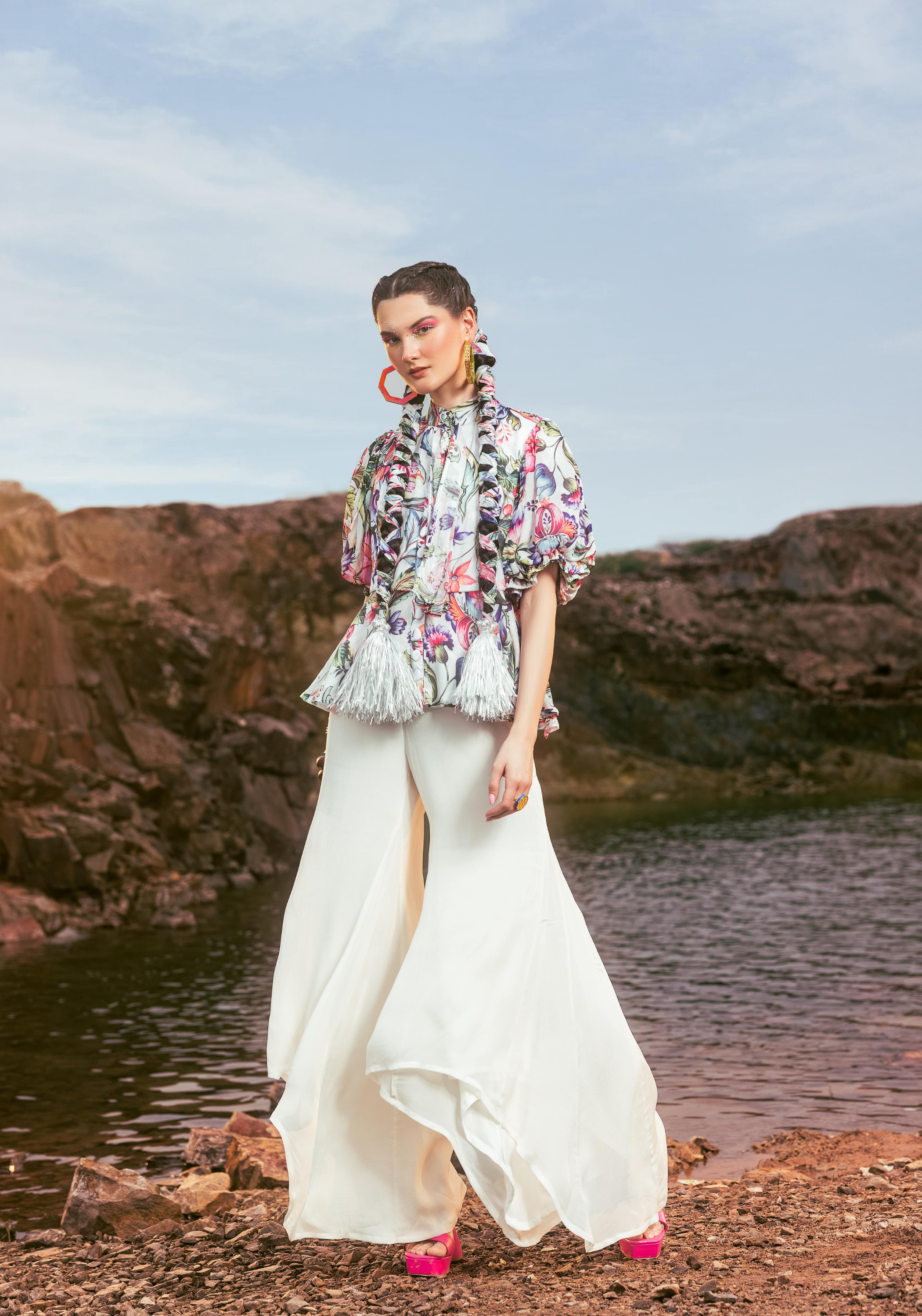 Printed Peplum with High Low Pant - Co-ord Set