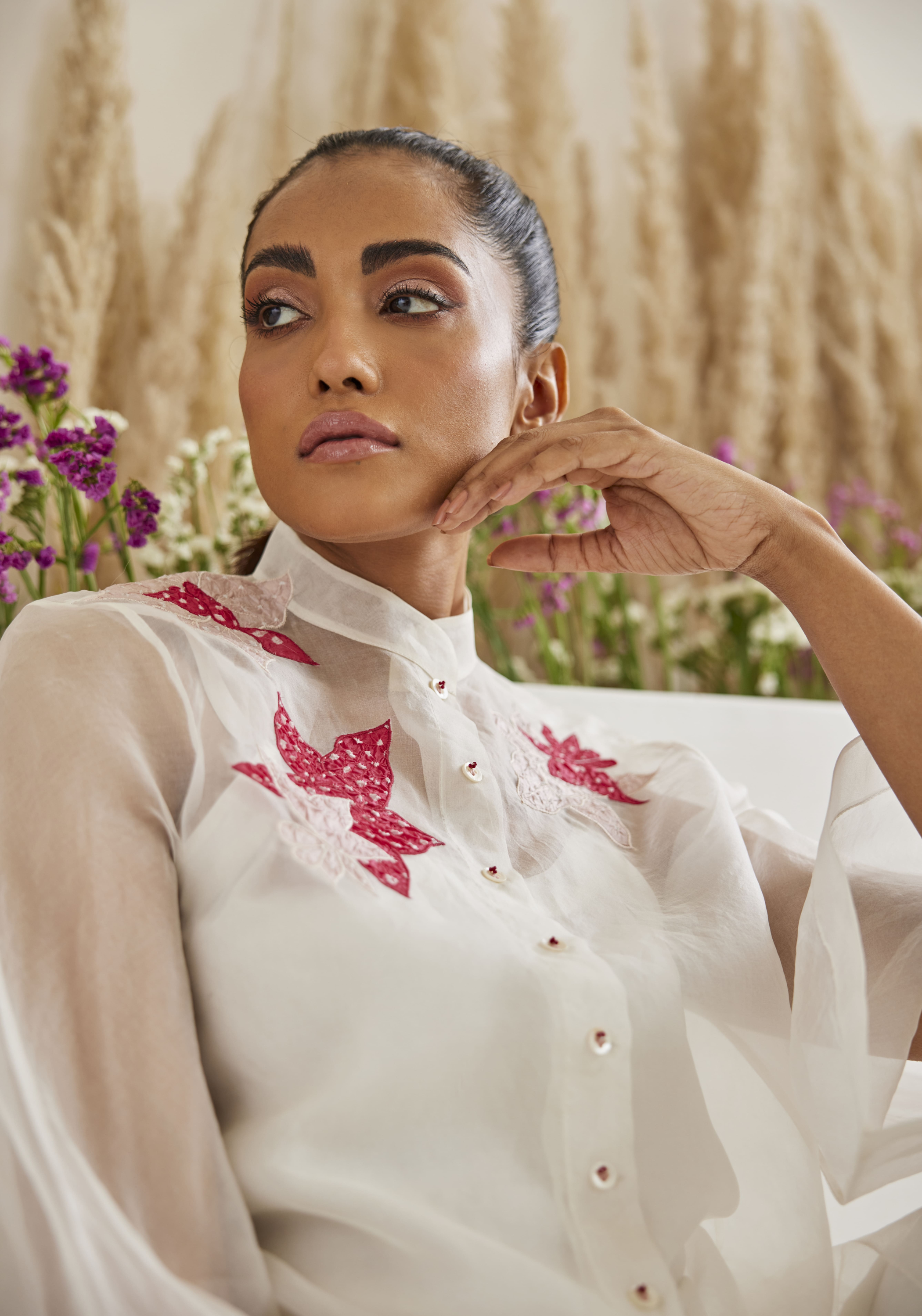 Organza Bandhani Applique Hi Neck Shirt