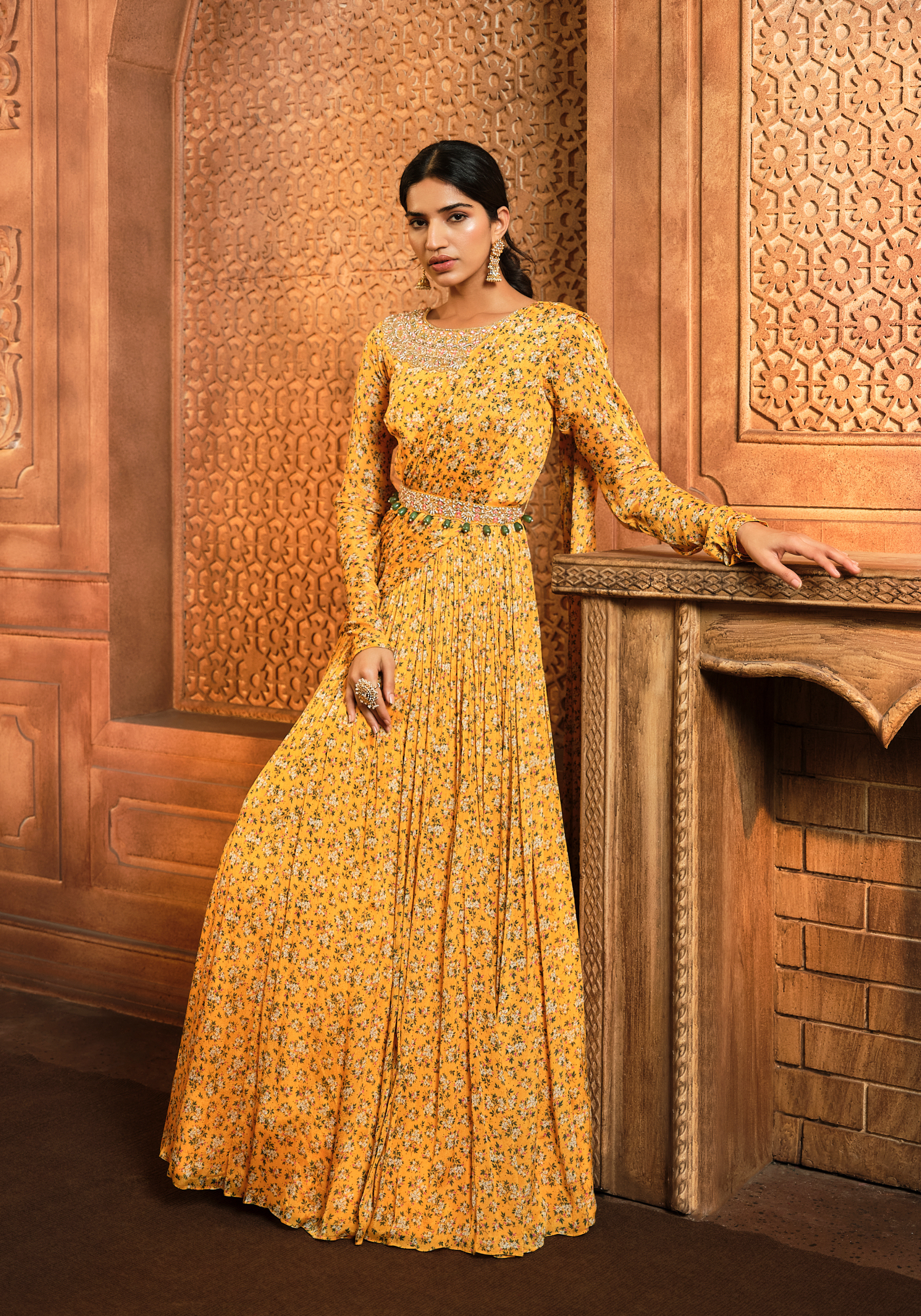 Yellow Floral Printed Draped Anarkali