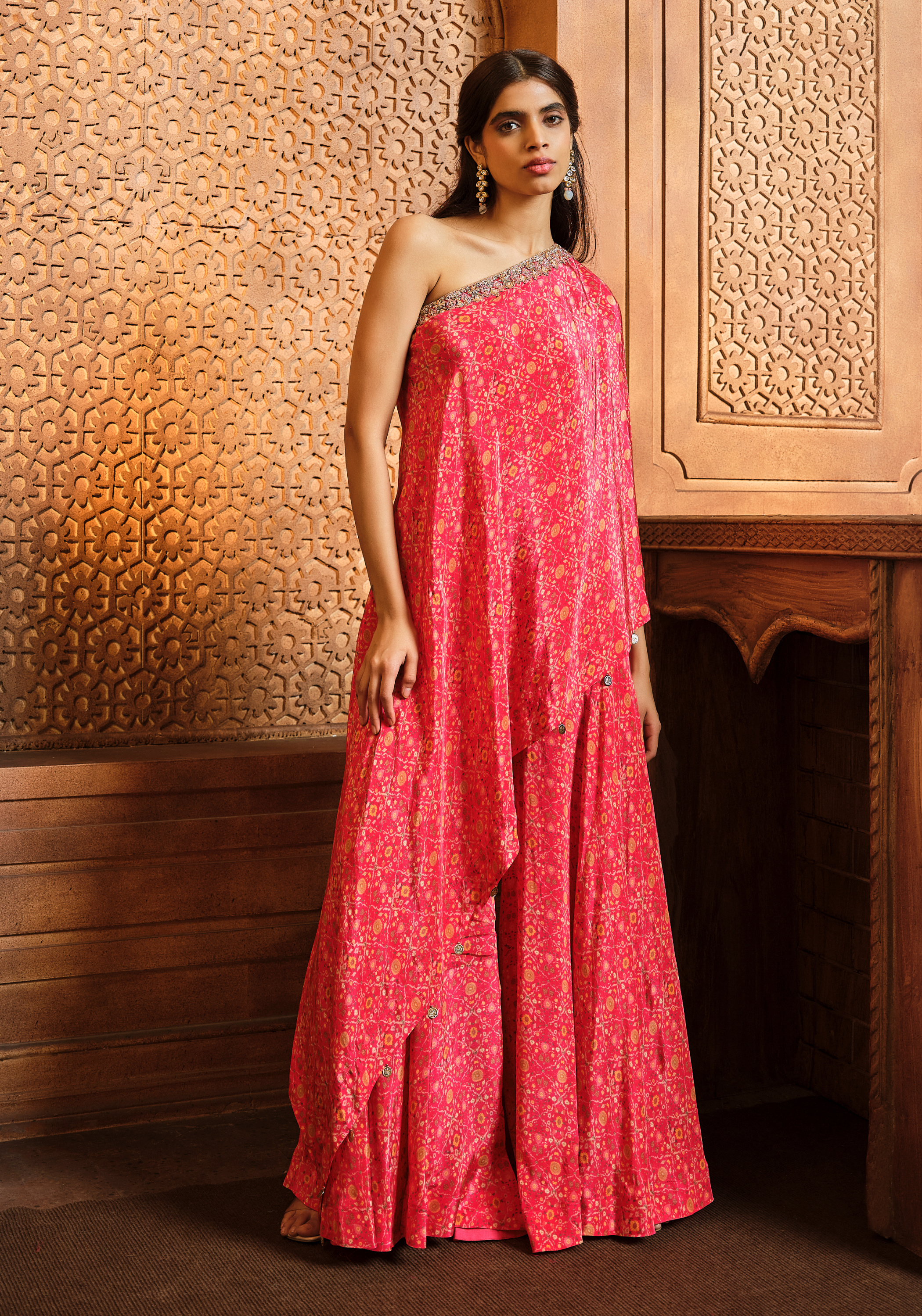 Vermillion Red One Shoulder Top and Sharara