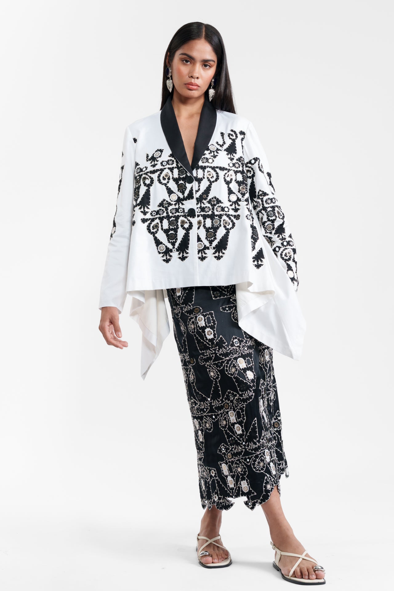 Appliqué Wrap Jacket With Cut-out Skirt