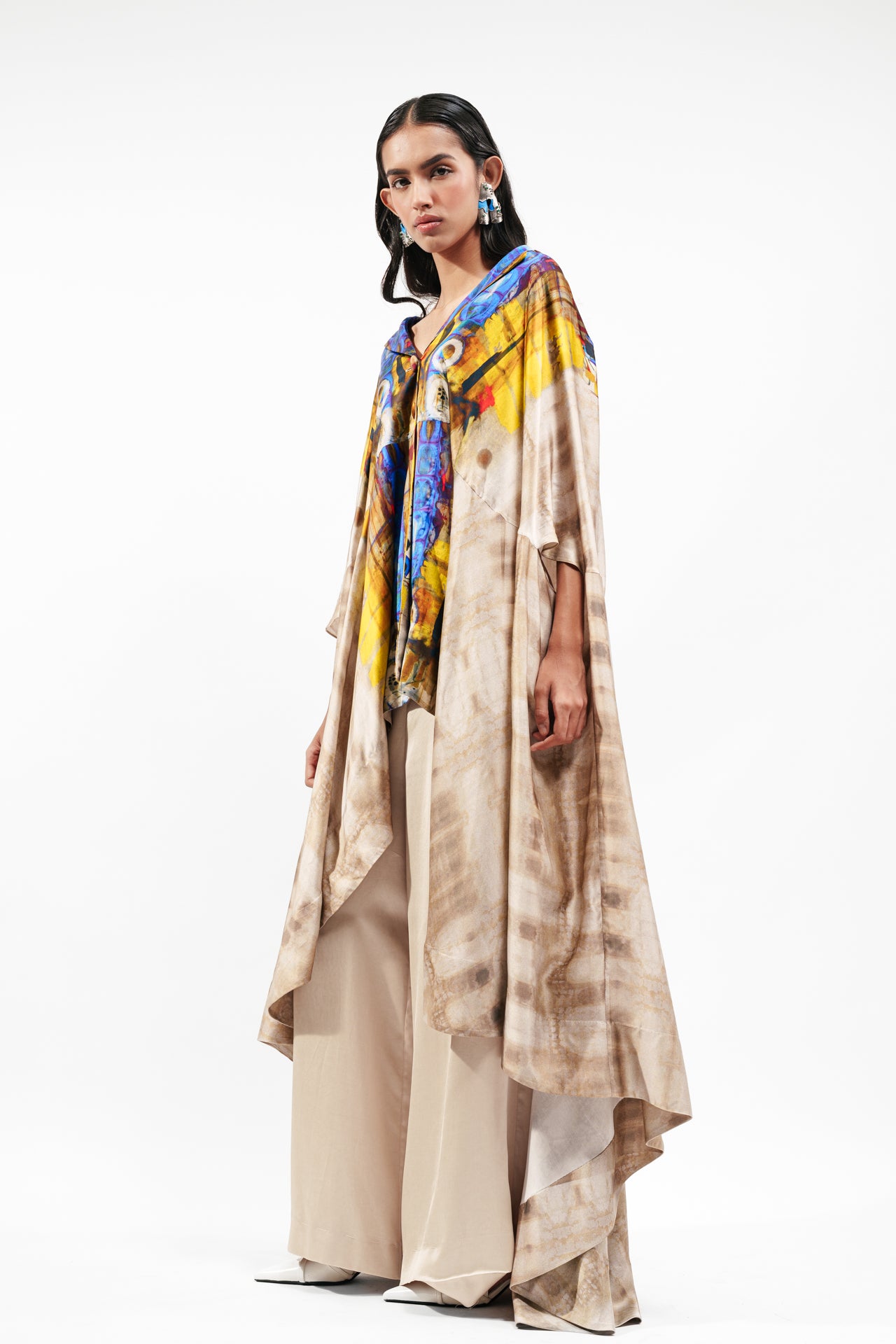 Printed Silk Cape With Bra Top And Trouser