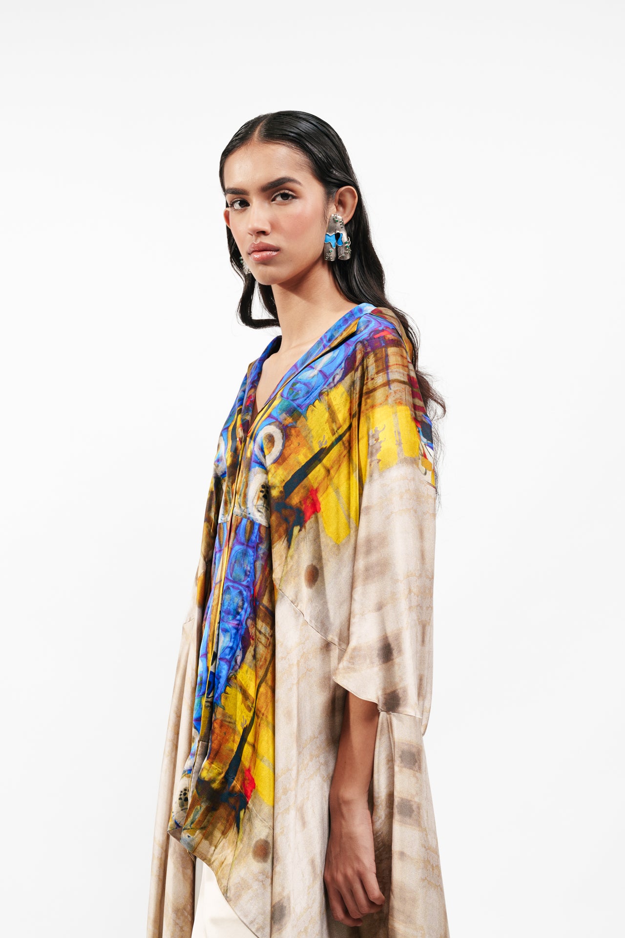 Printed Silk Cape With Bra Top And Trouser