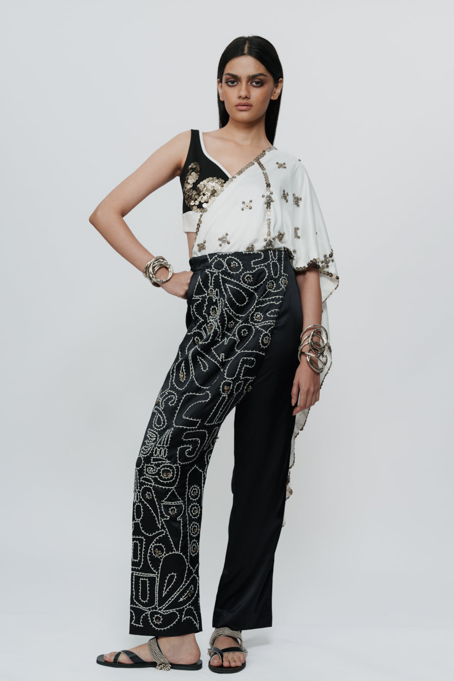 Hand Embroidered Shawl With Pants And Bralette