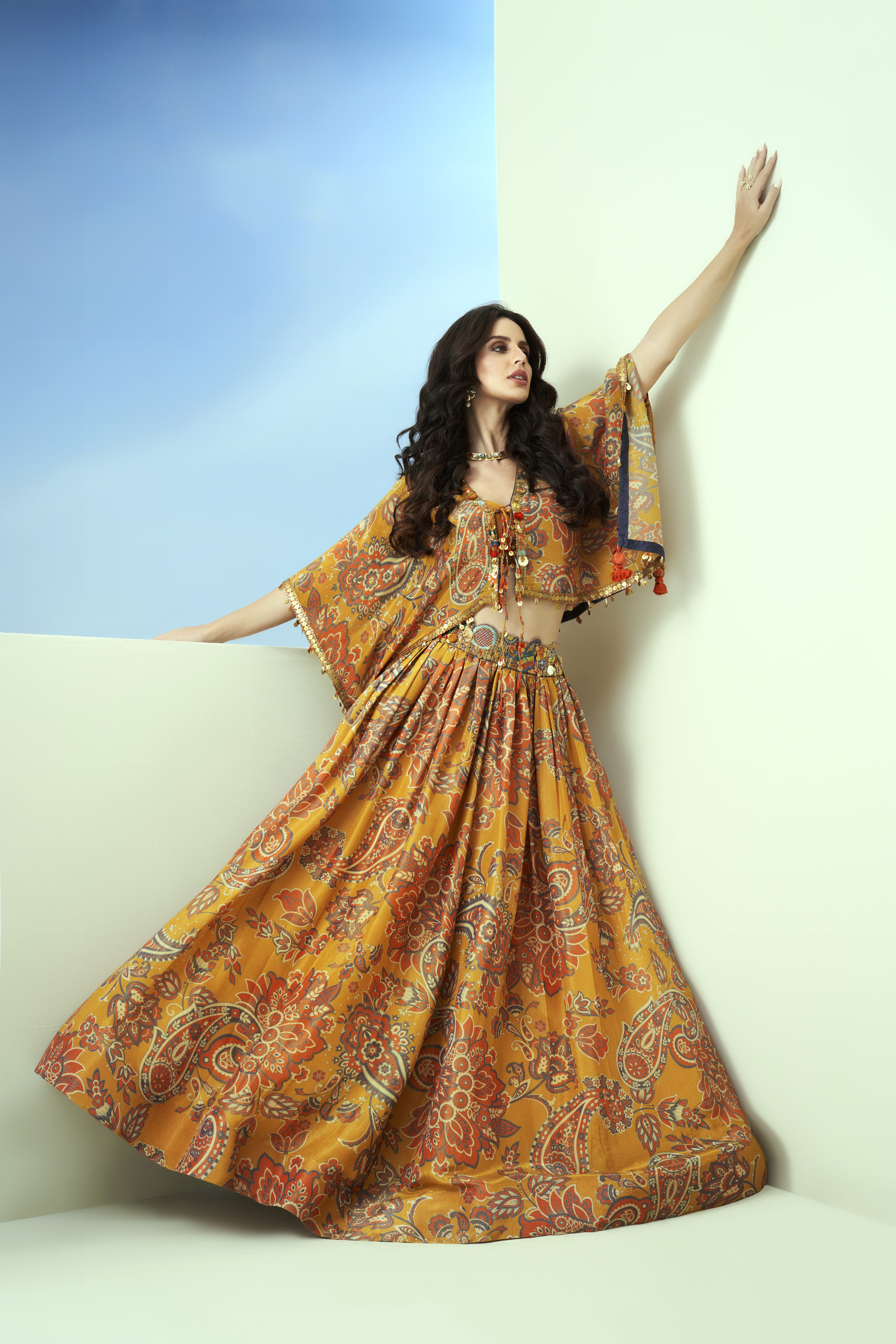 Yellow Printed Tissue Waist Emb. Lehenga