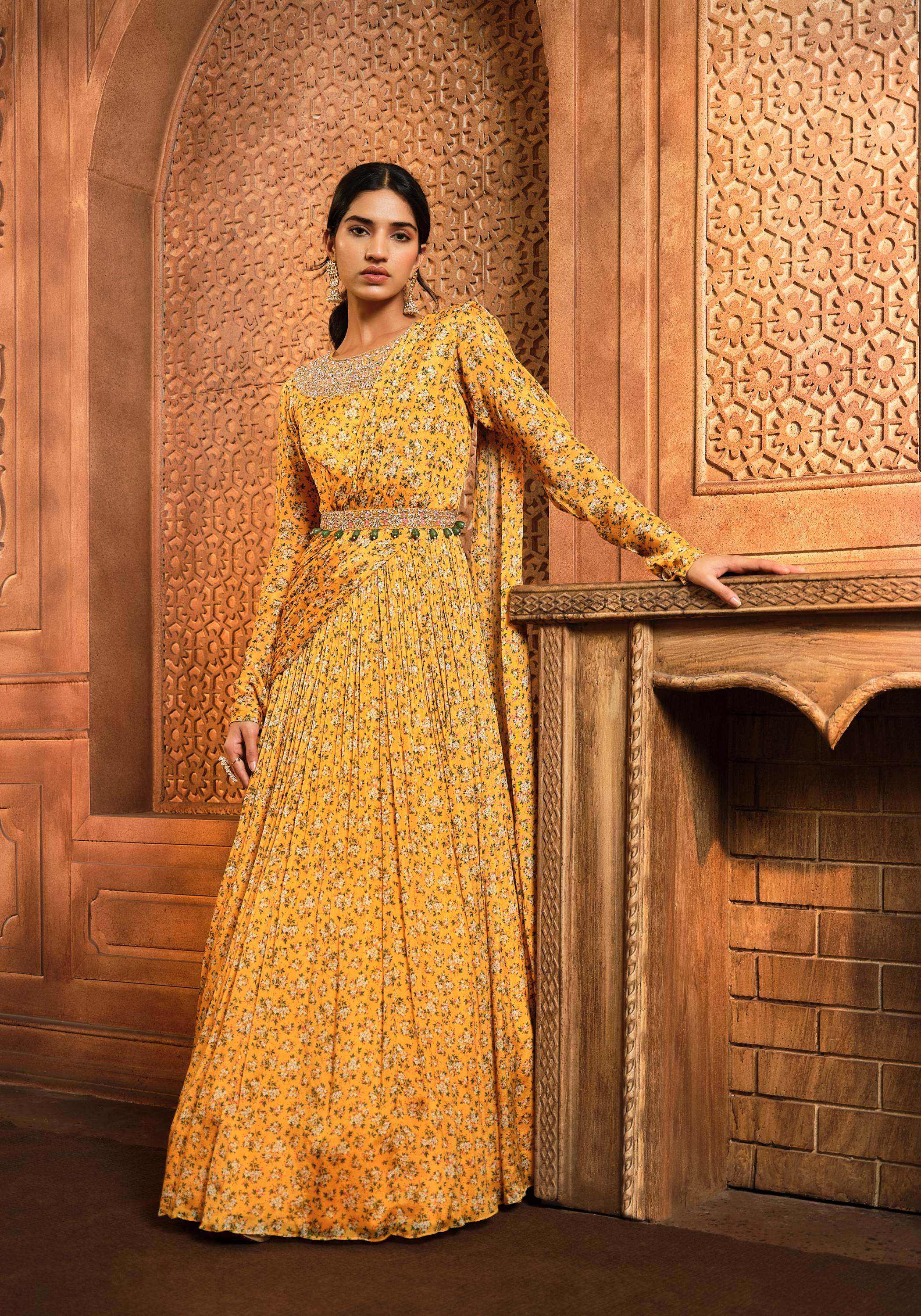 Yellow Floral Printed Draped Anarkali