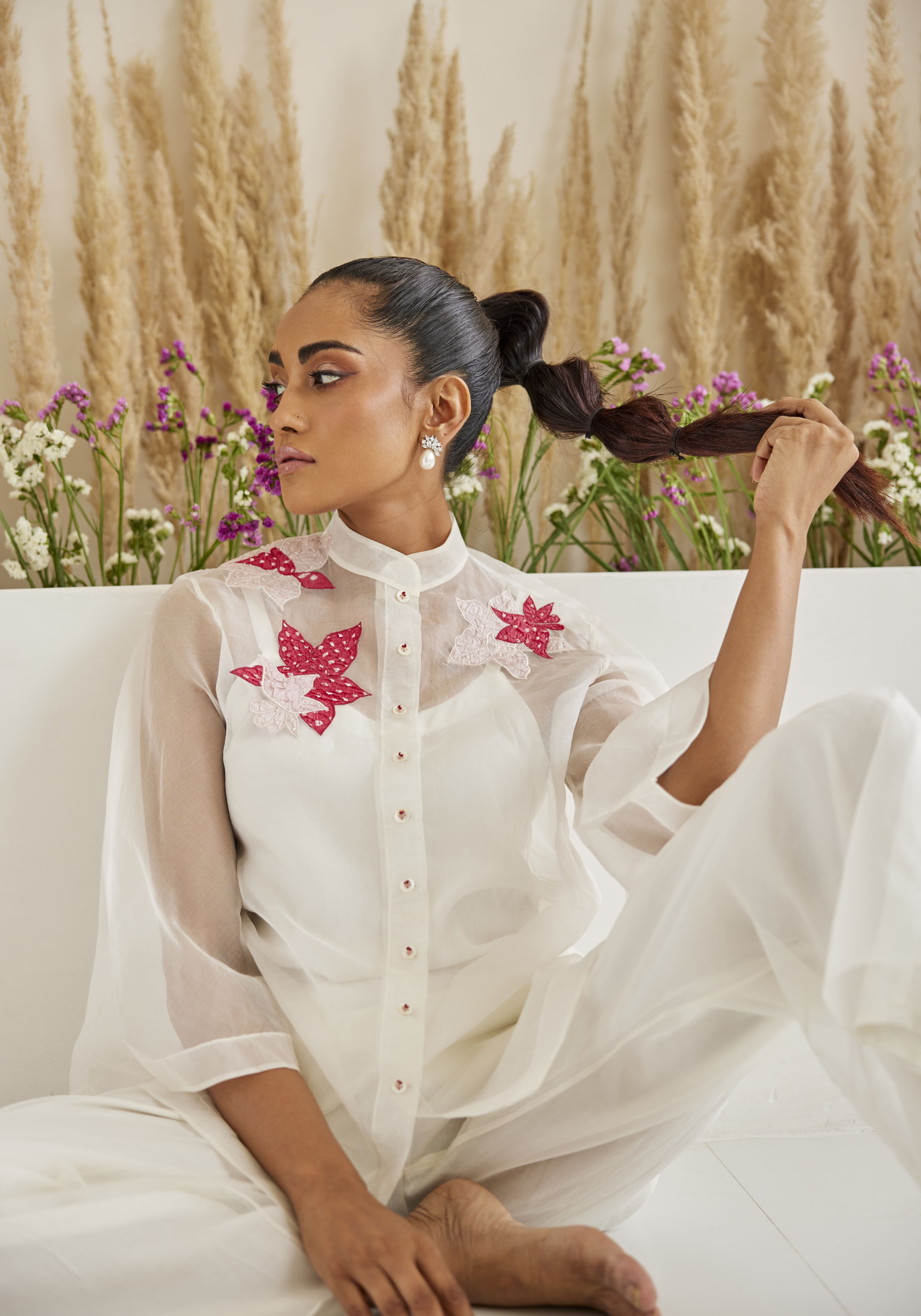 Organza Bandhani Applique Hi Neck Shirt