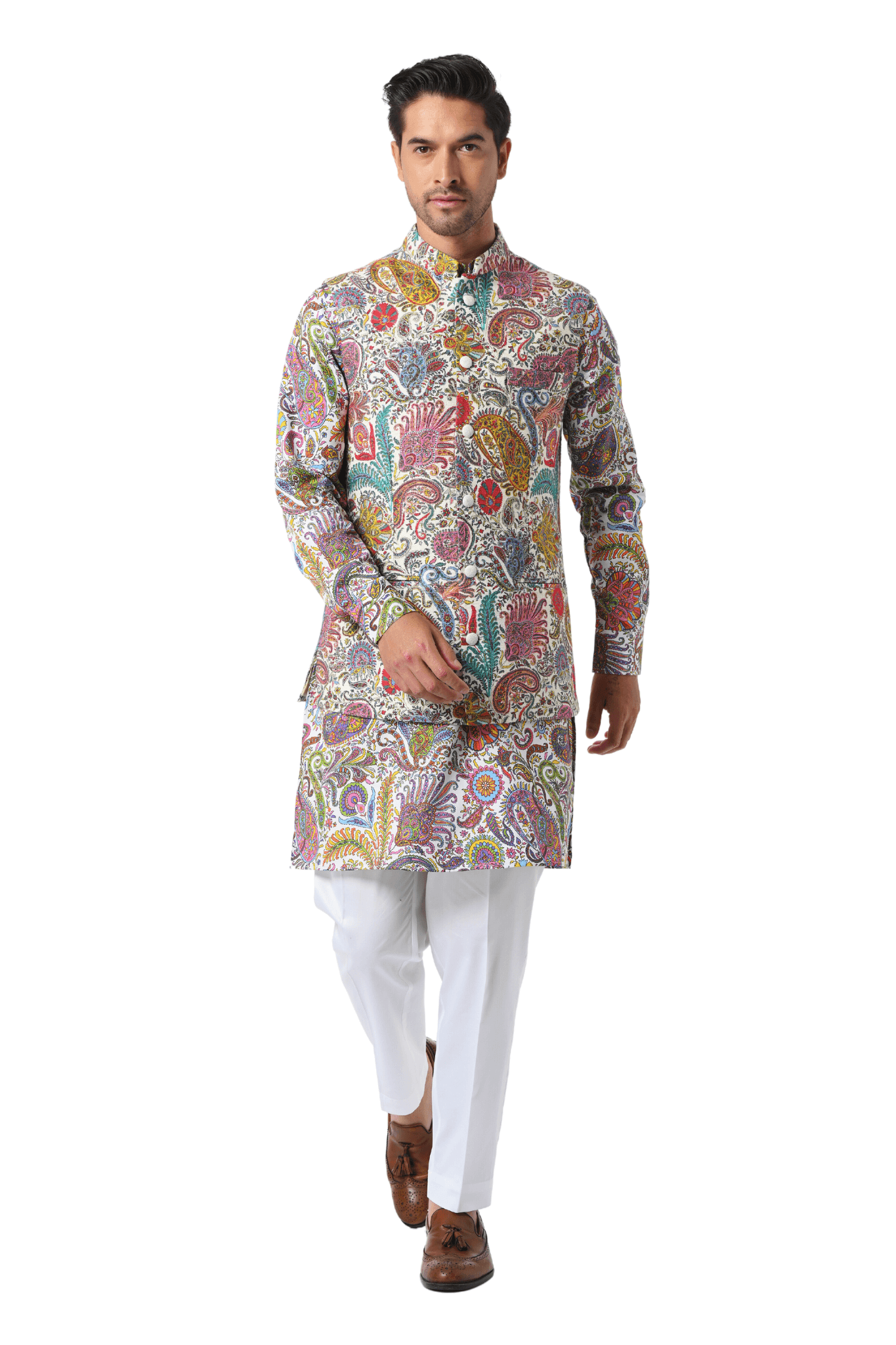 Fun Paisley Kalamkari Silk Nehru Jacket , Men's Bandi