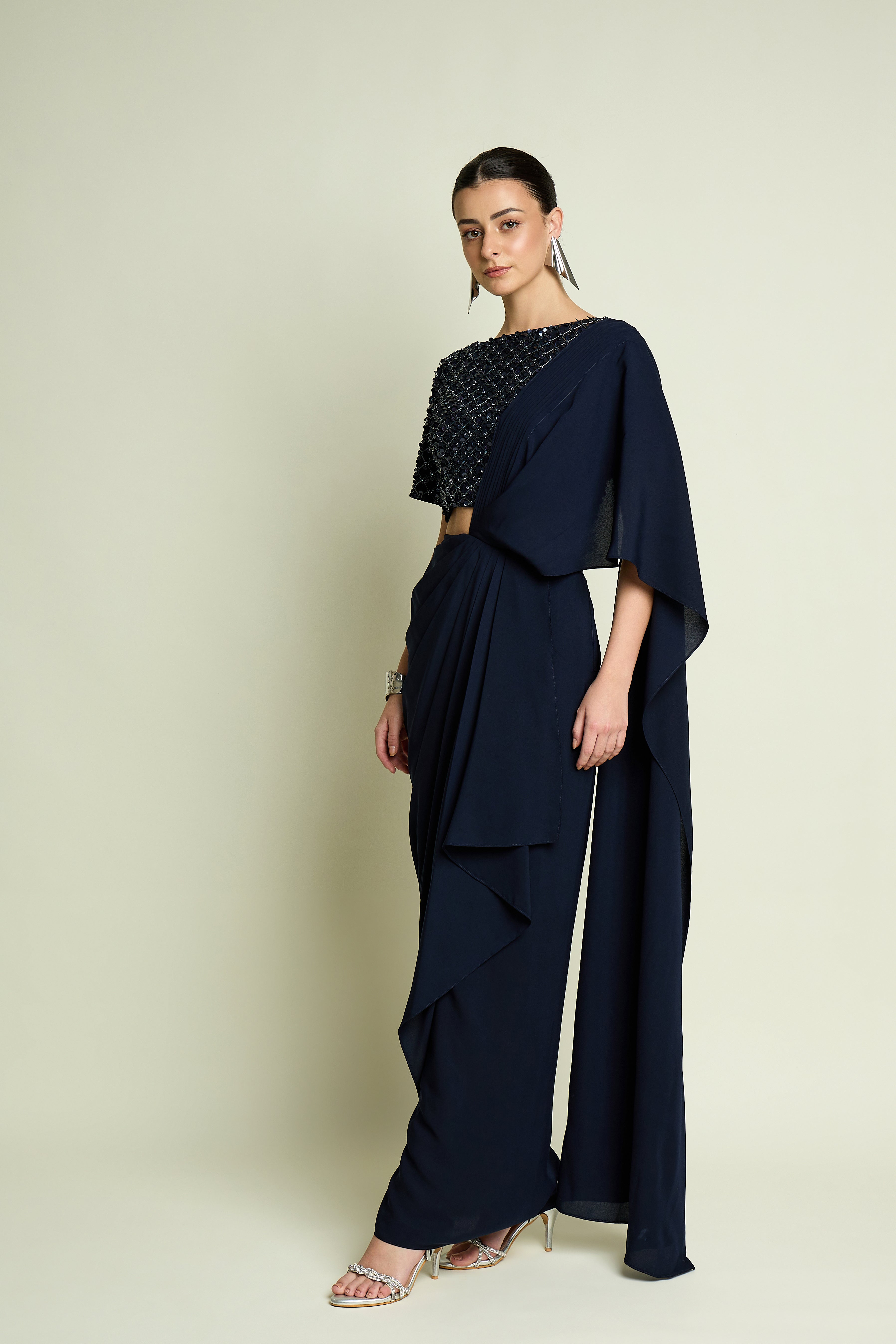 Crystal Navy Blouse With Pre Draped Sai Skrt