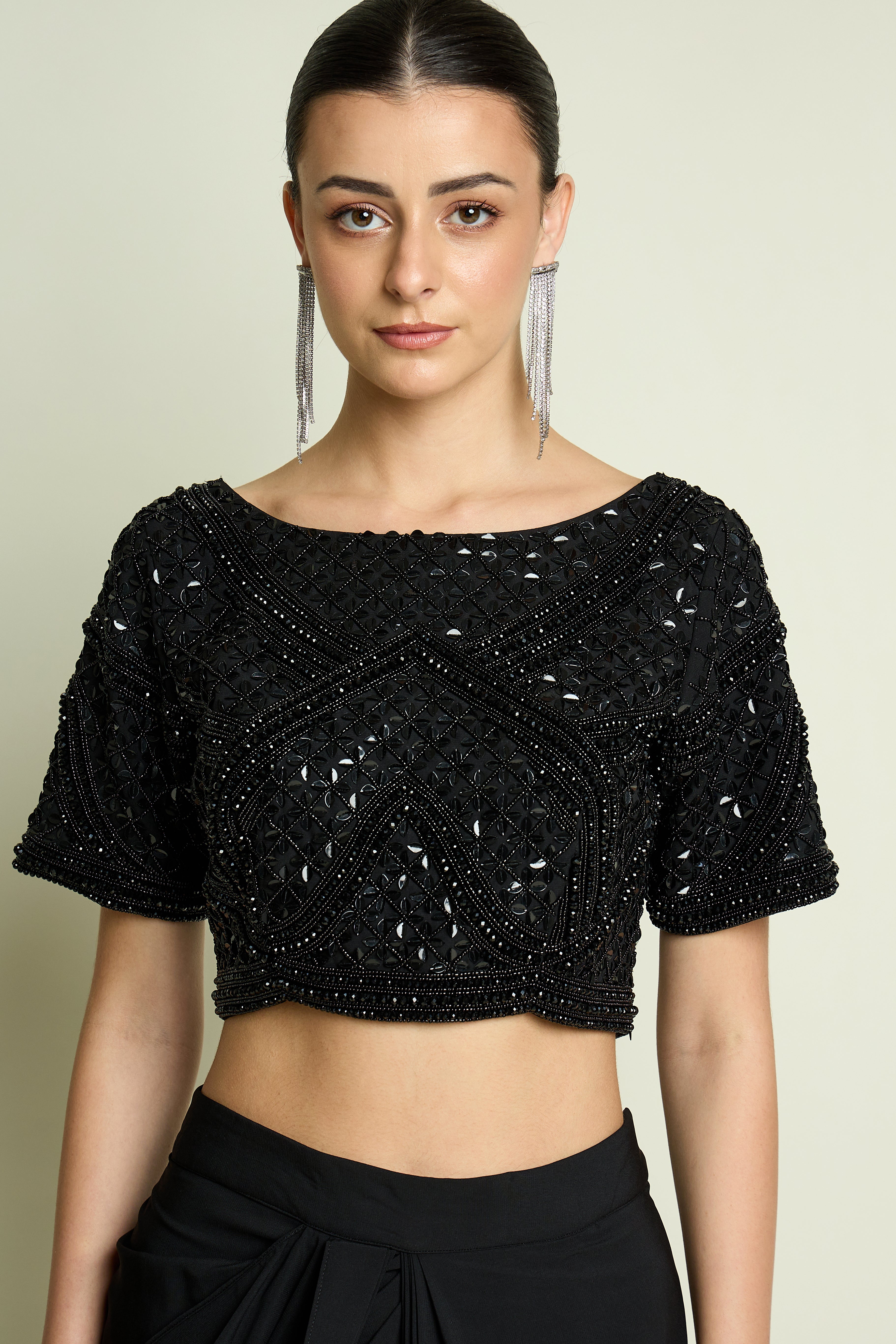 Noir Crystle Blouse With Pre Draped Sari Set