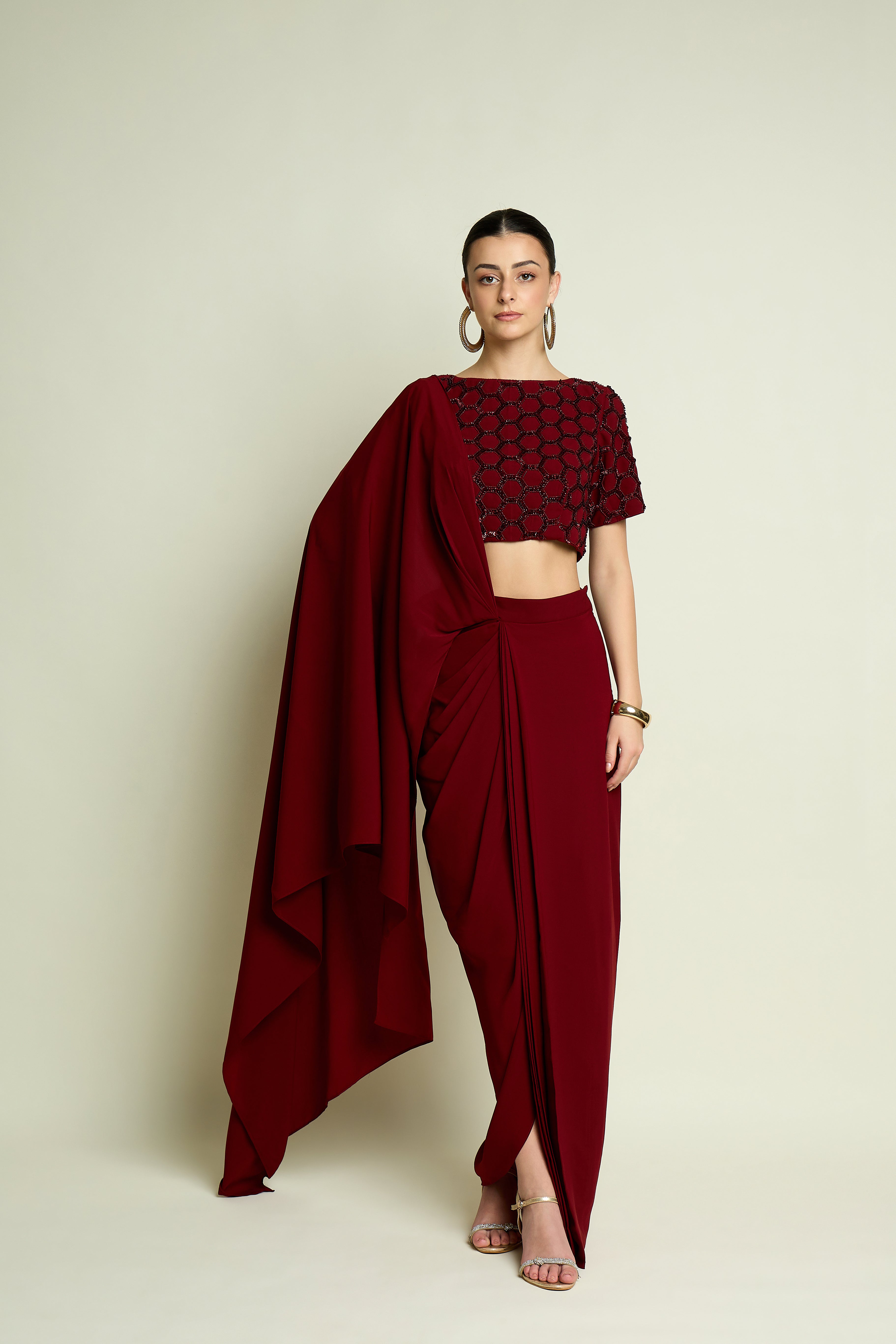 Crystal Web Blouse With Pre Draped Sari Skirt