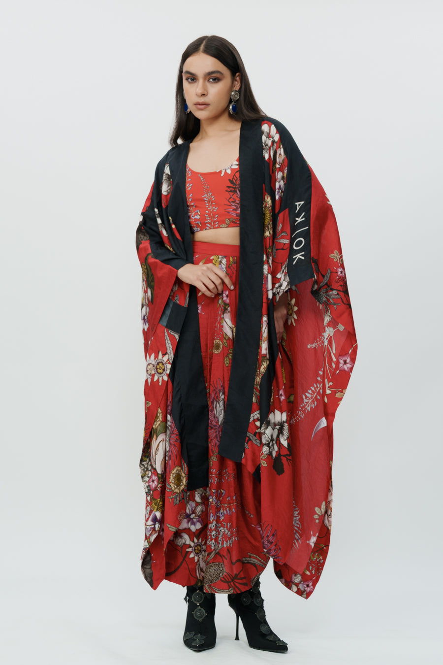 Red Floral Long Cape With Crop Top And Lungi Skirt