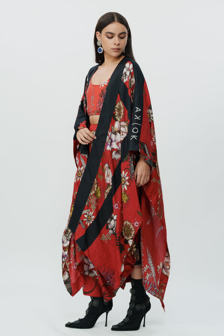 Red Floral Long Cape With Crop Top And Lungi Skirt