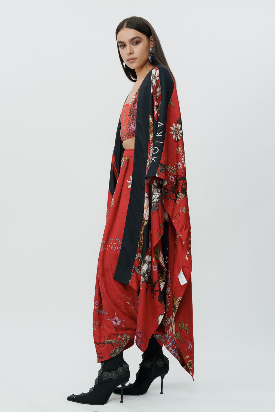 Red Floral Long Cape With Crop Top And Lungi Skirt