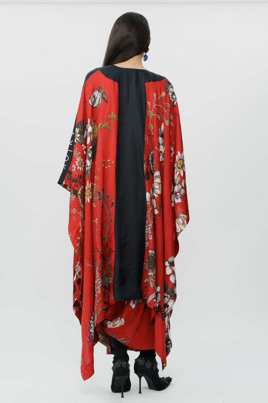 Red Floral Long Cape With Crop Top And Lungi Skirt