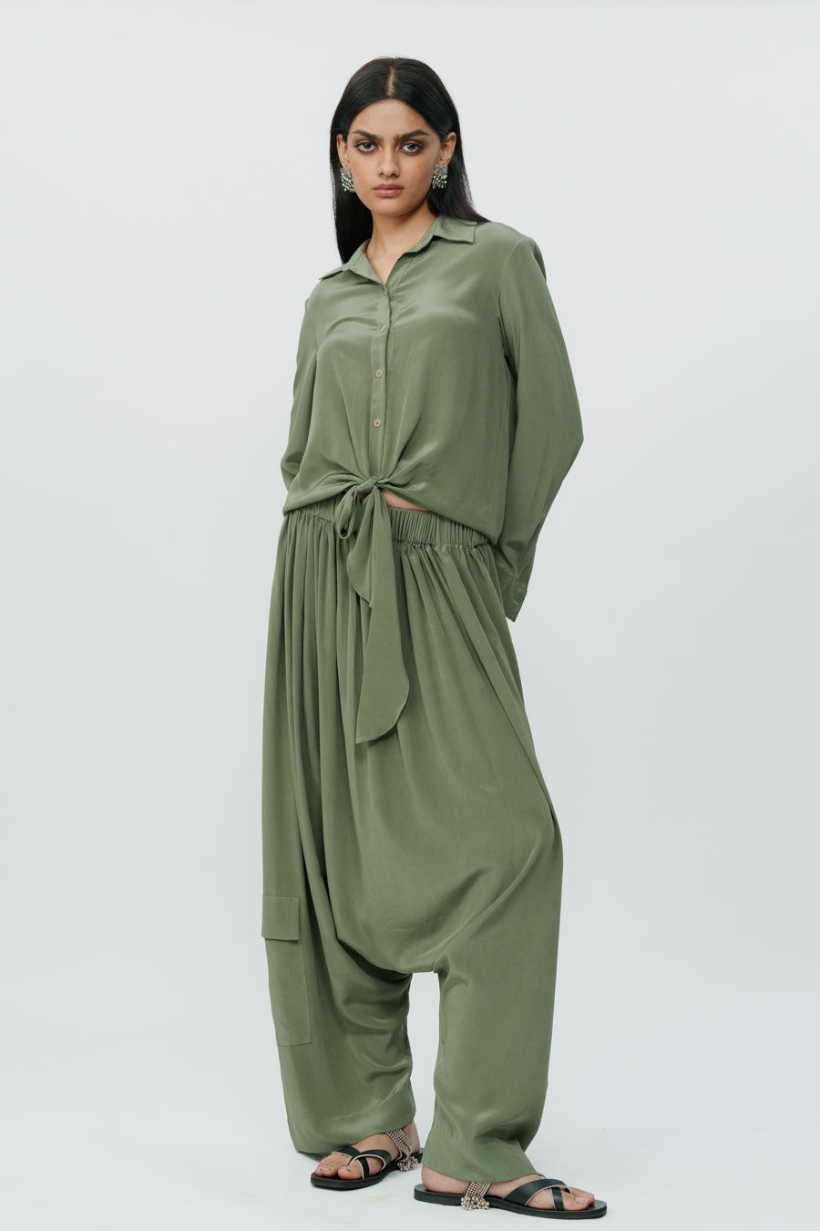 Dark Olive Knotted Shirt With Low Crotch Pants