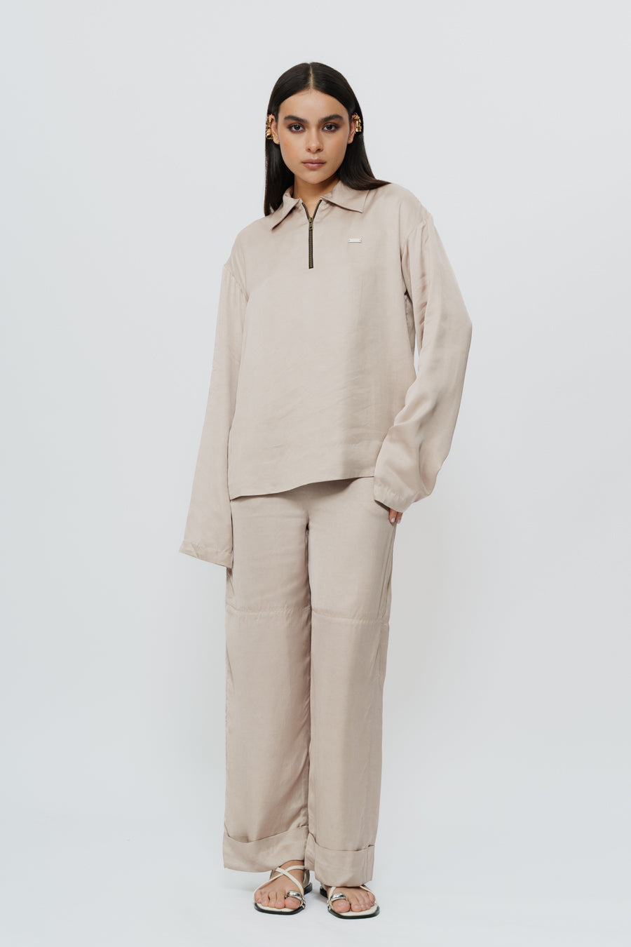 Khaki Silk Shirt & Trouser With Akok Highlight