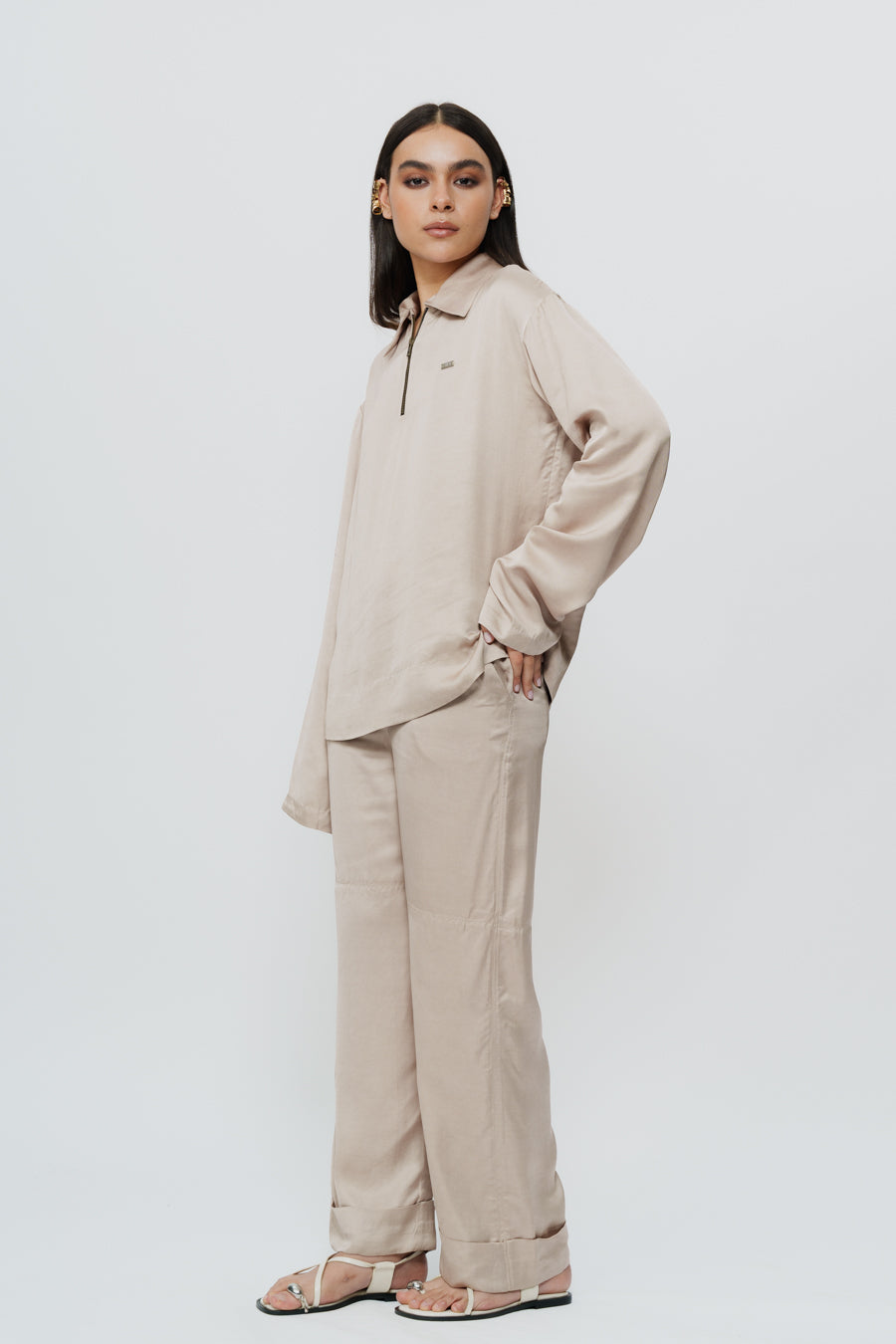 Khaki Silk Shirt & Trouser With Akok Highlight