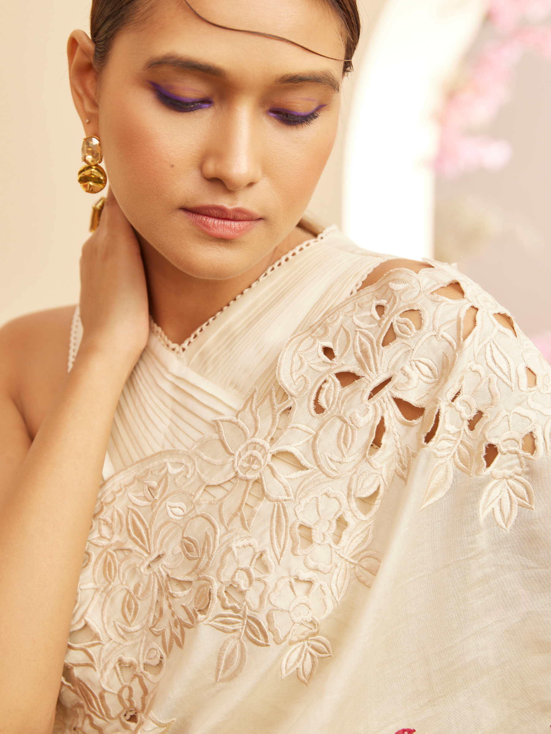Ivory Embroidered And Cutwork Saree