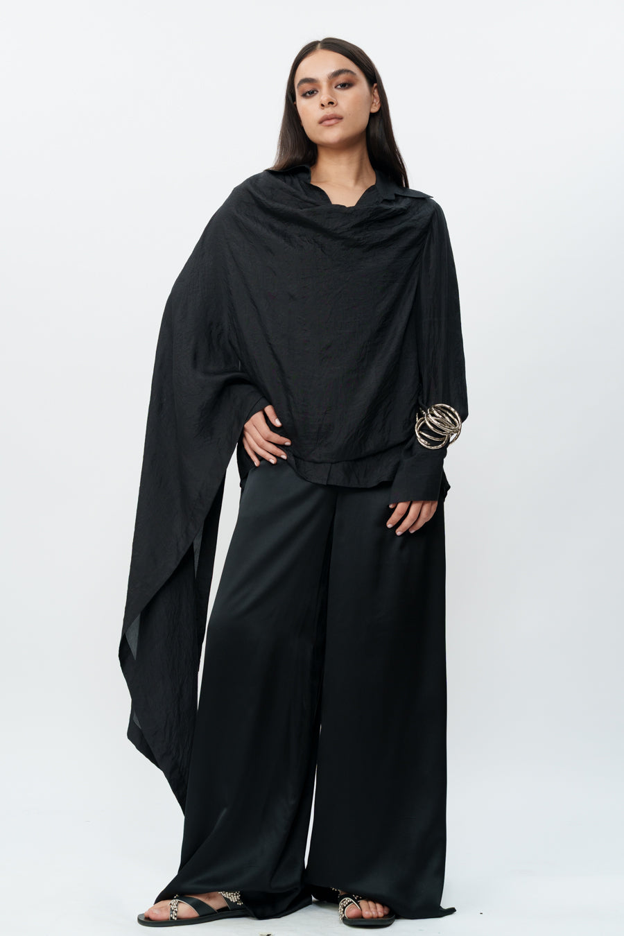 Black Draped Shirt With Flared Trouser