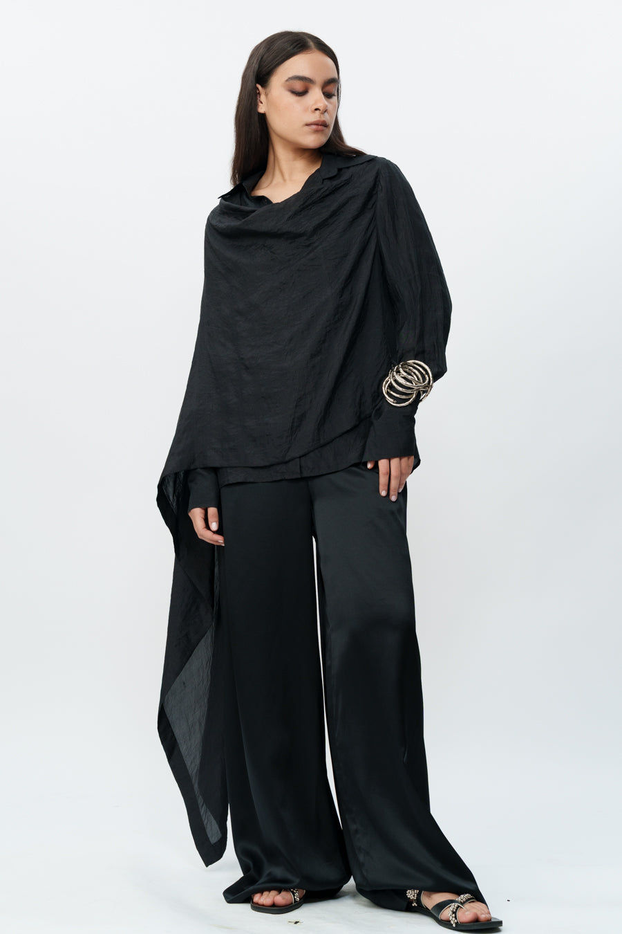 Black Draped Shirt With Flared Trouser
