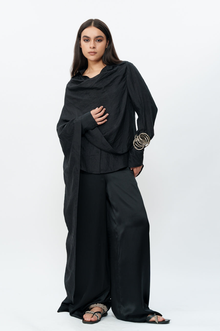 Black Draped Shirt With Flared Trouser
