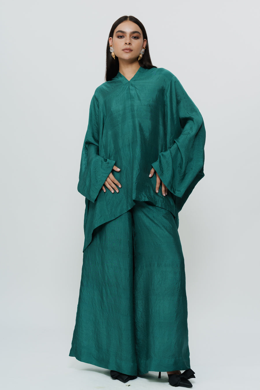 Greenish Blue Kaftan Kurta With Broad Pants