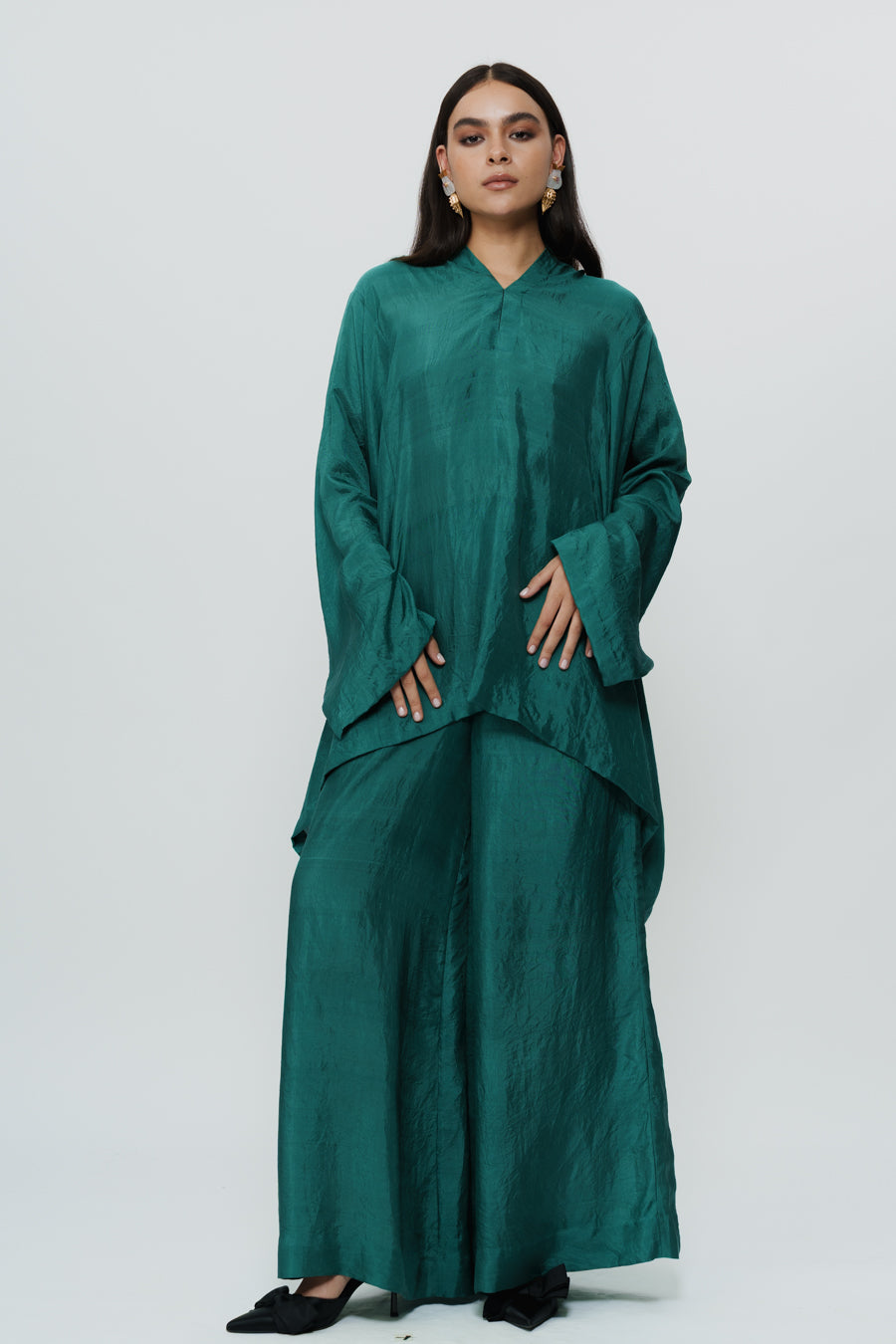 Greenish Blue Kaftan Kurta With Broad Pants