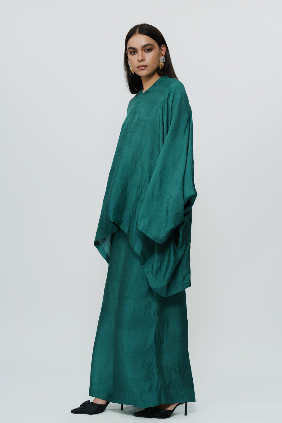 Greenish Blue Kaftan Kurta With Broad Pants
