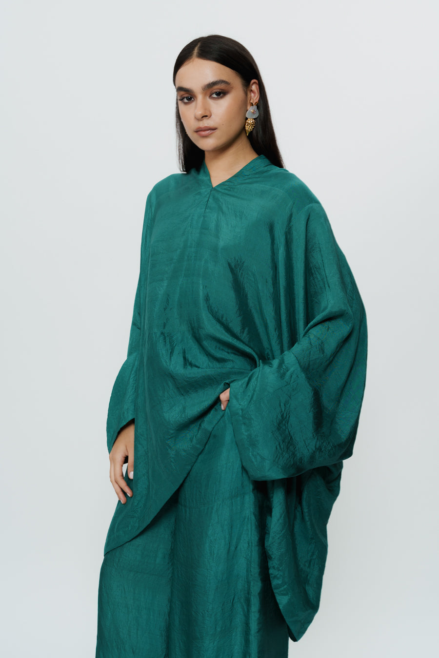 Greenish Blue Kaftan Kurta With Broad Pants