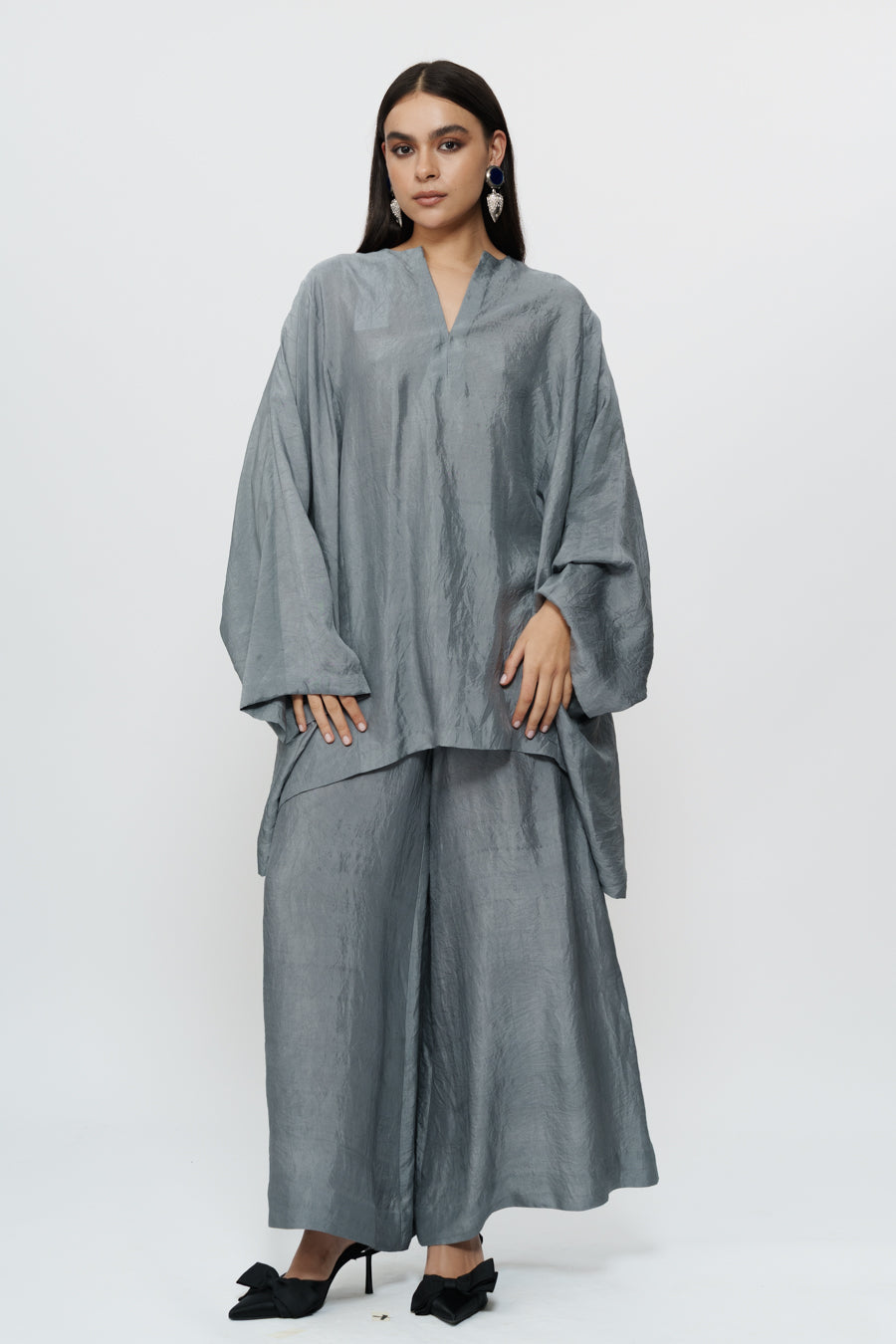 Grey Kaftan Kurta With Broad Pants