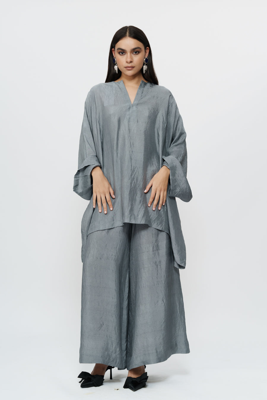 Grey Kaftan Kurta With Broad Pants