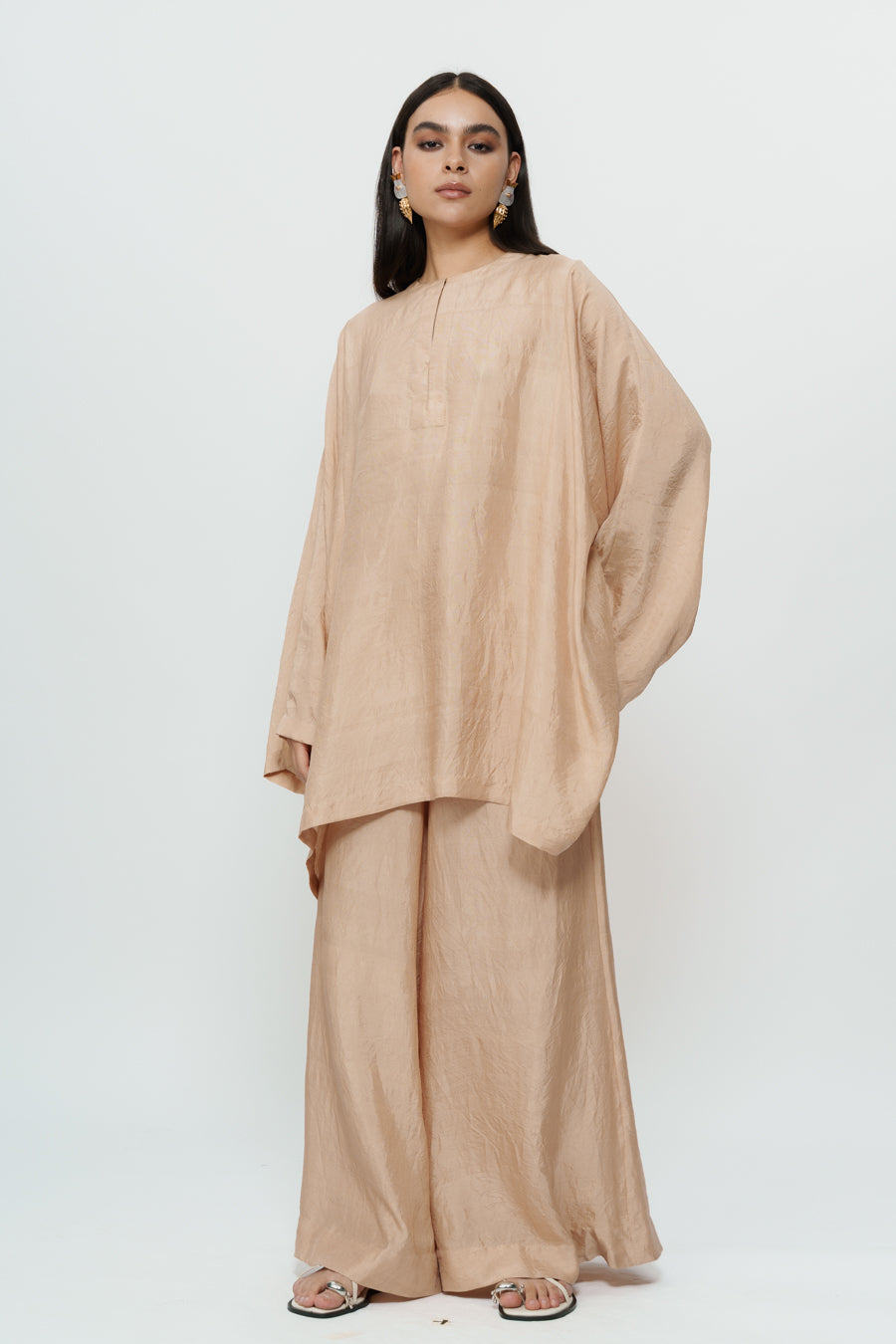 Beige Kaftan Kurta With Broad Pants