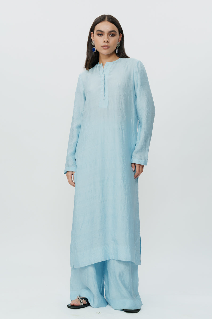 Ice Blue Long Kaftan With Pants