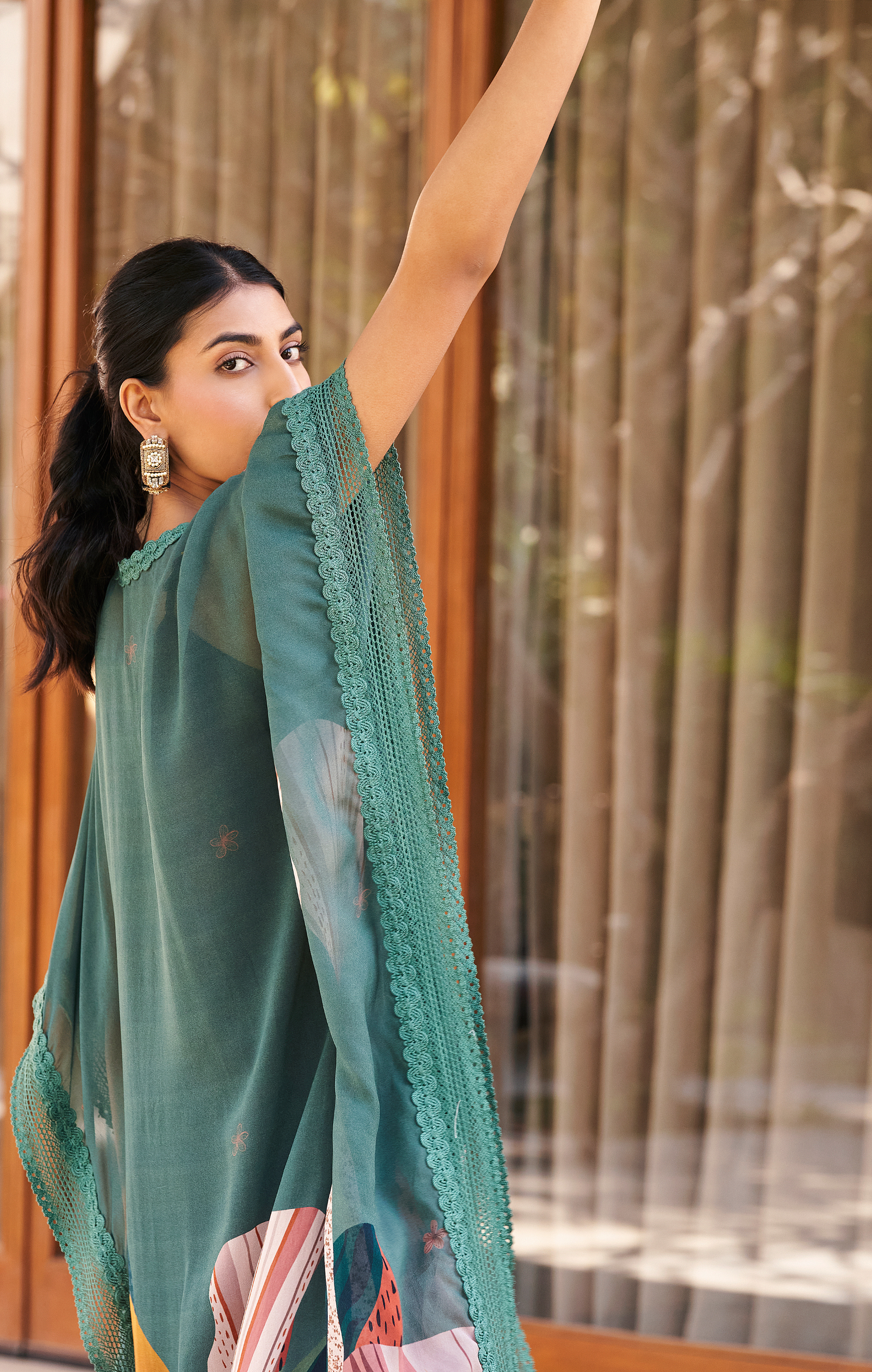 Sage Green Abstract Print Long Kaftan