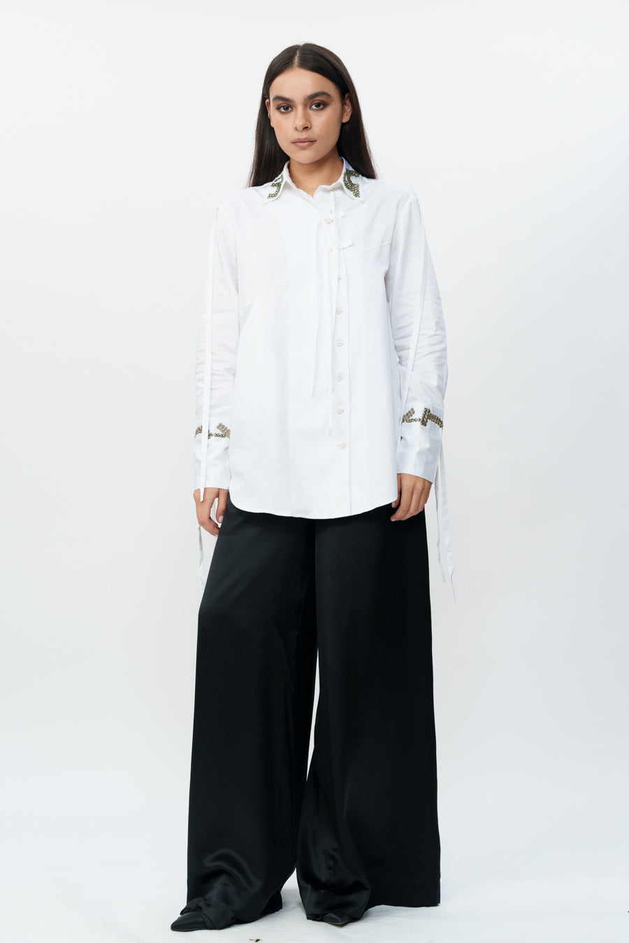 White Shirt With Hand Embroidered Cuff And Collar