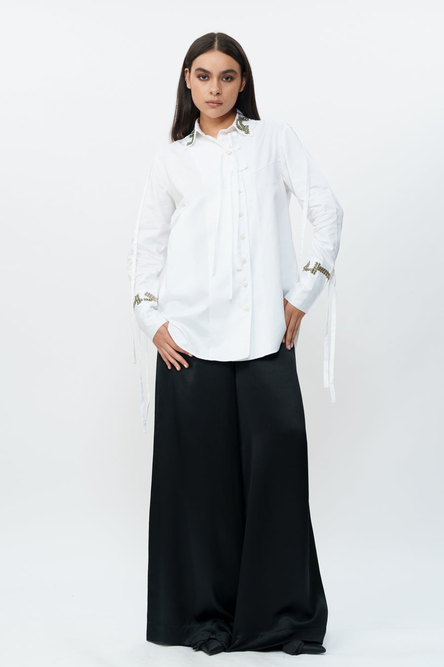 White Shirt With Hand Embroidered Cuff And Collar