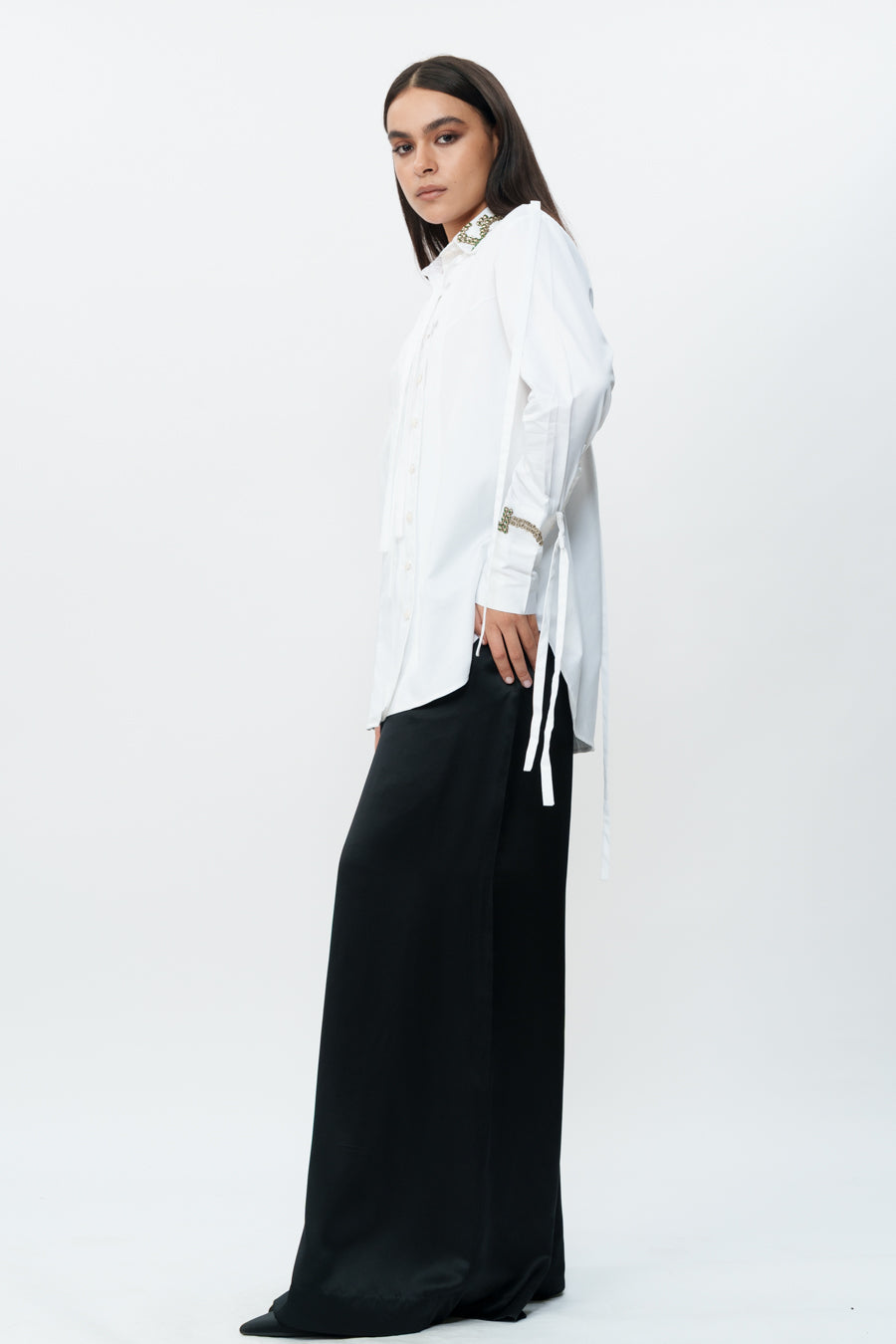 White Shirt With Hand Embroidered Cuff And Collar