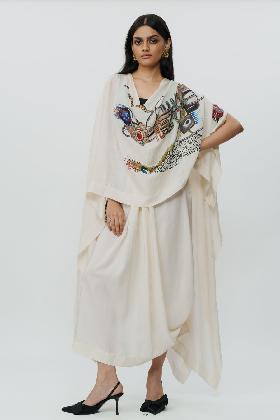 Astral Print Cape With Crop Top And Skirt