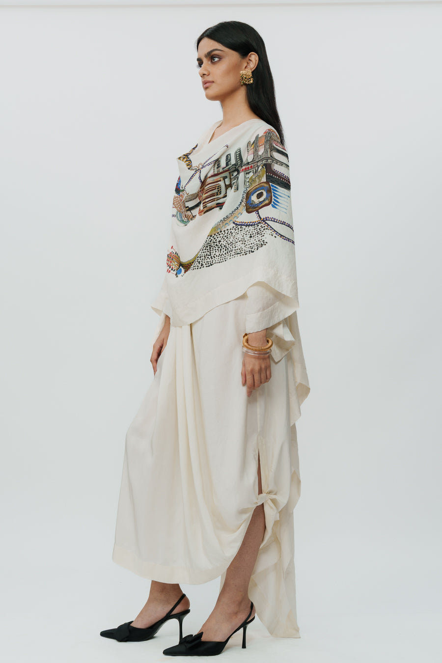Astral Print Cape With Crop Top And Skirt