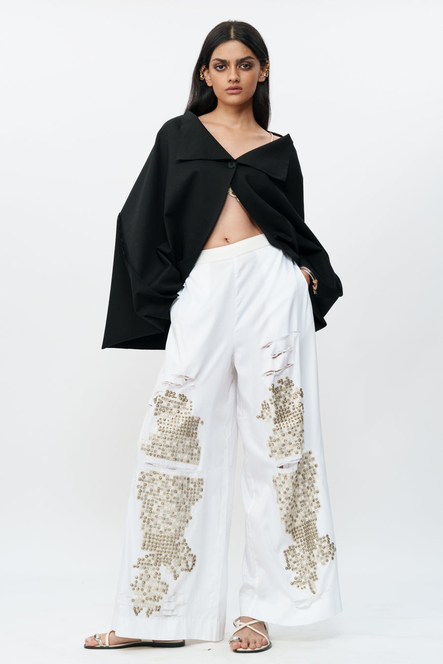 Shredded White Cotton Pants With Mirrorwork