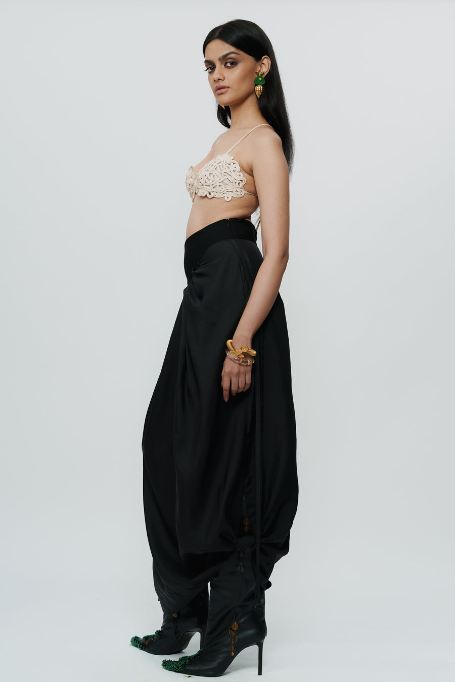 Black Draped Knotted Skirt With Cord Waist