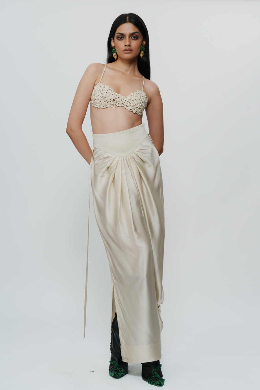 Ivory Draped Knotted Skirt With Cord Waist