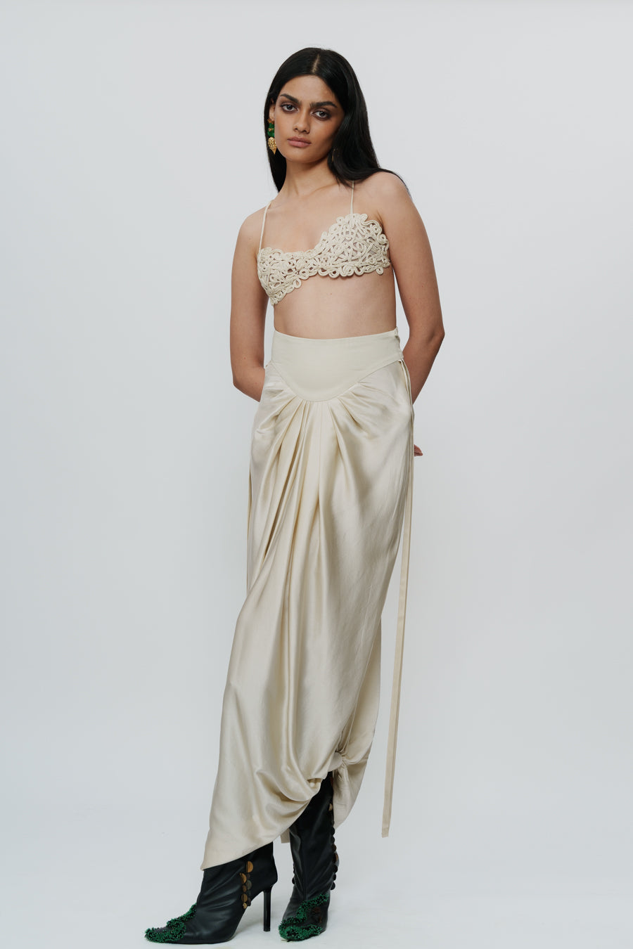 Ivory Draped Knotted Skirt With Cord Waist