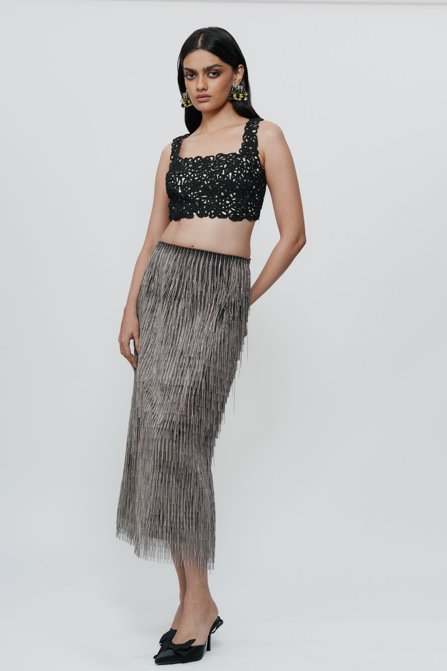 Straight Skirt With Silver Chain Embroidery